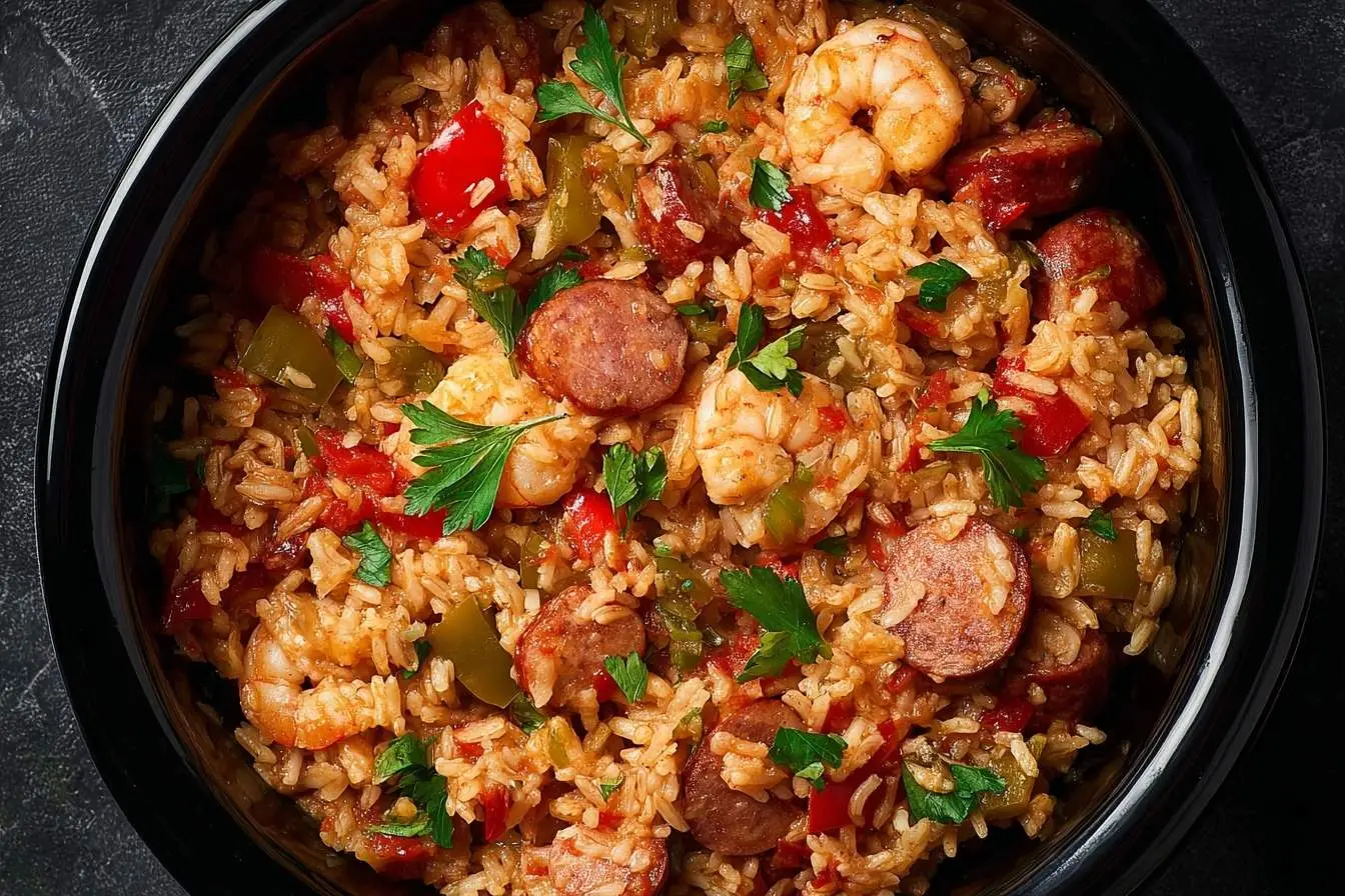 A vibrant bowl of Slow Cooker Jambalaya, packed with rice, shrimp, sausage, red and green bell peppers, garnished with fresh parsley.