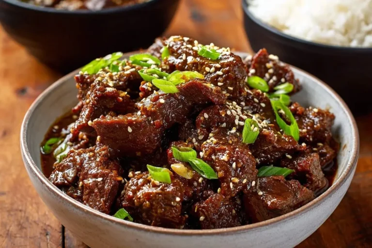 A close-up of a bowl of delicious Slow Cooker Korean Beef, garnished with sesame seeds and green onions, with rice in the background.