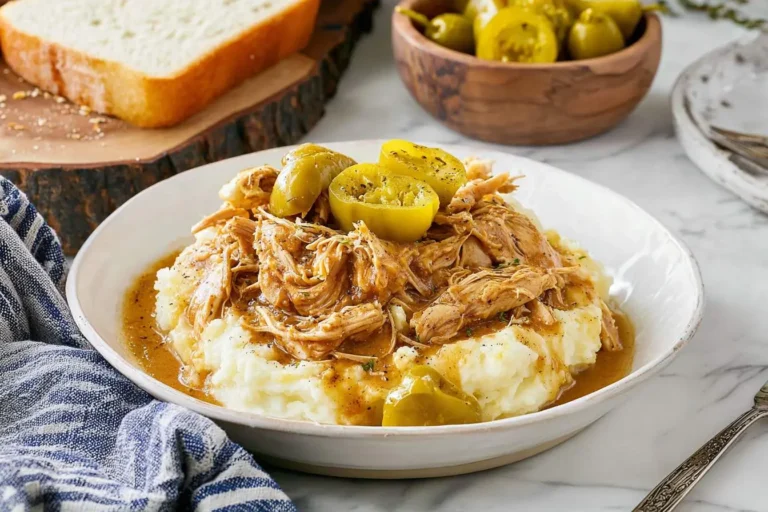 A close-up of Slow Cooker Mississippi Chicken, featuring shredded chicken, gravy, and sliced pepperoncini over creamy mashed potatoes in a white bowl.