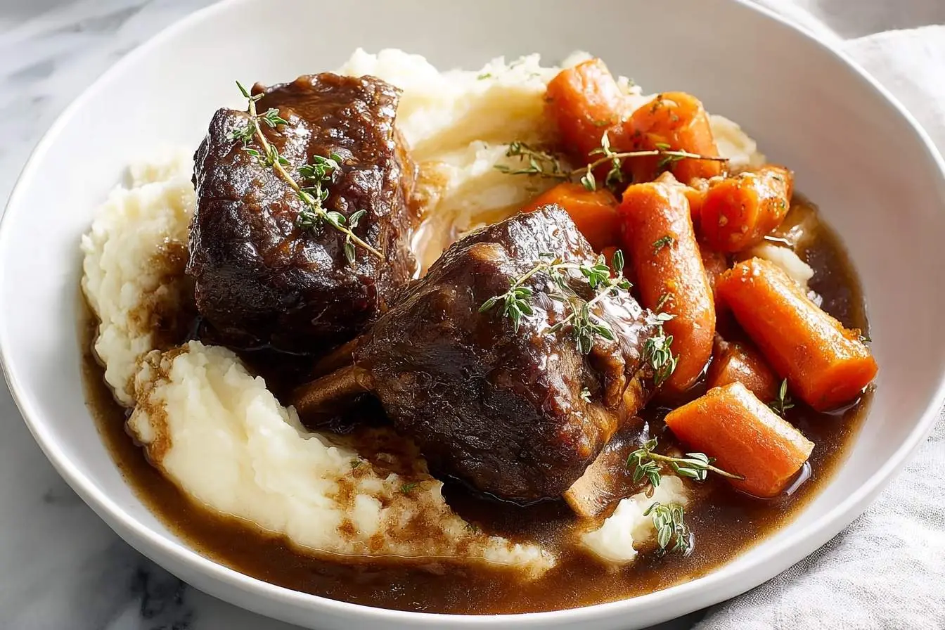 A close-up shot of two succulent slow cooker short ribs on a bed of creamy mashed potatoes, served with roasted carrots and rich gravy.