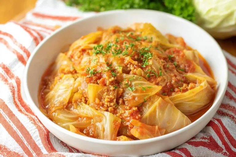 A white bowl filled with delicious Slow Cooker Unstuffed Cabbage Rolls, featuring tender cabbage, ground meat, and tomato sauce, garnished with fresh herbs.