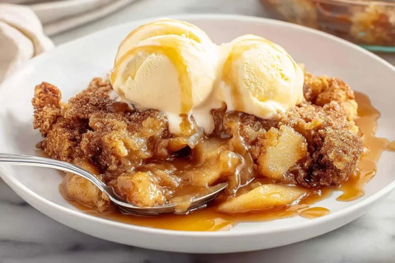 Close-up of warm snickerdoodle cobbler with apple filling, topped with two scoops of vanilla ice cream, caramel drizzle, and a spoon.