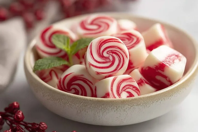 A close-up of a rustic bowl filled with creamy white and red swirl Soft Christmas Peppermints, garnished with fresh mint leaves.