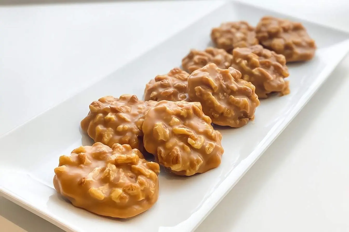 A white rectangular plate holds a row of nine delicious southern creamy pralines with visible nuts.
