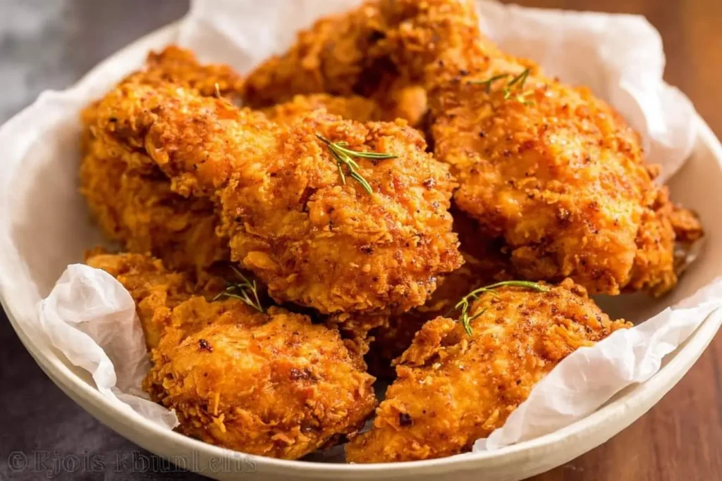 A bowl filled with crispy, golden Southern Fried Chicken pieces, garnished with fresh rosemary sprigs and nestled on white parchment paper.