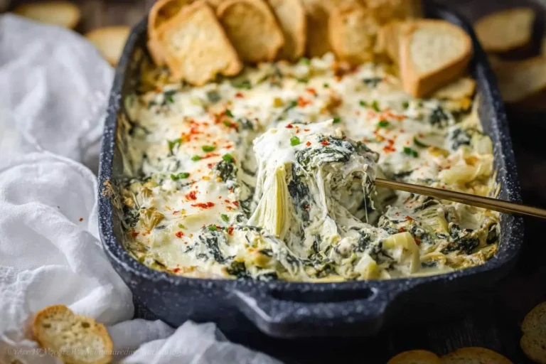 A close-up of hot, cheesy Spinach Artichoke Dip being scooped from a baking dish with toasted baguette slices nearby.