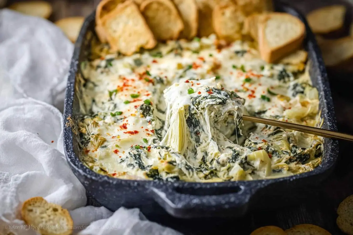 A close-up of hot, cheesy Spinach Artichoke Dip being scooped from a baking dish with toasted baguette slices nearby.