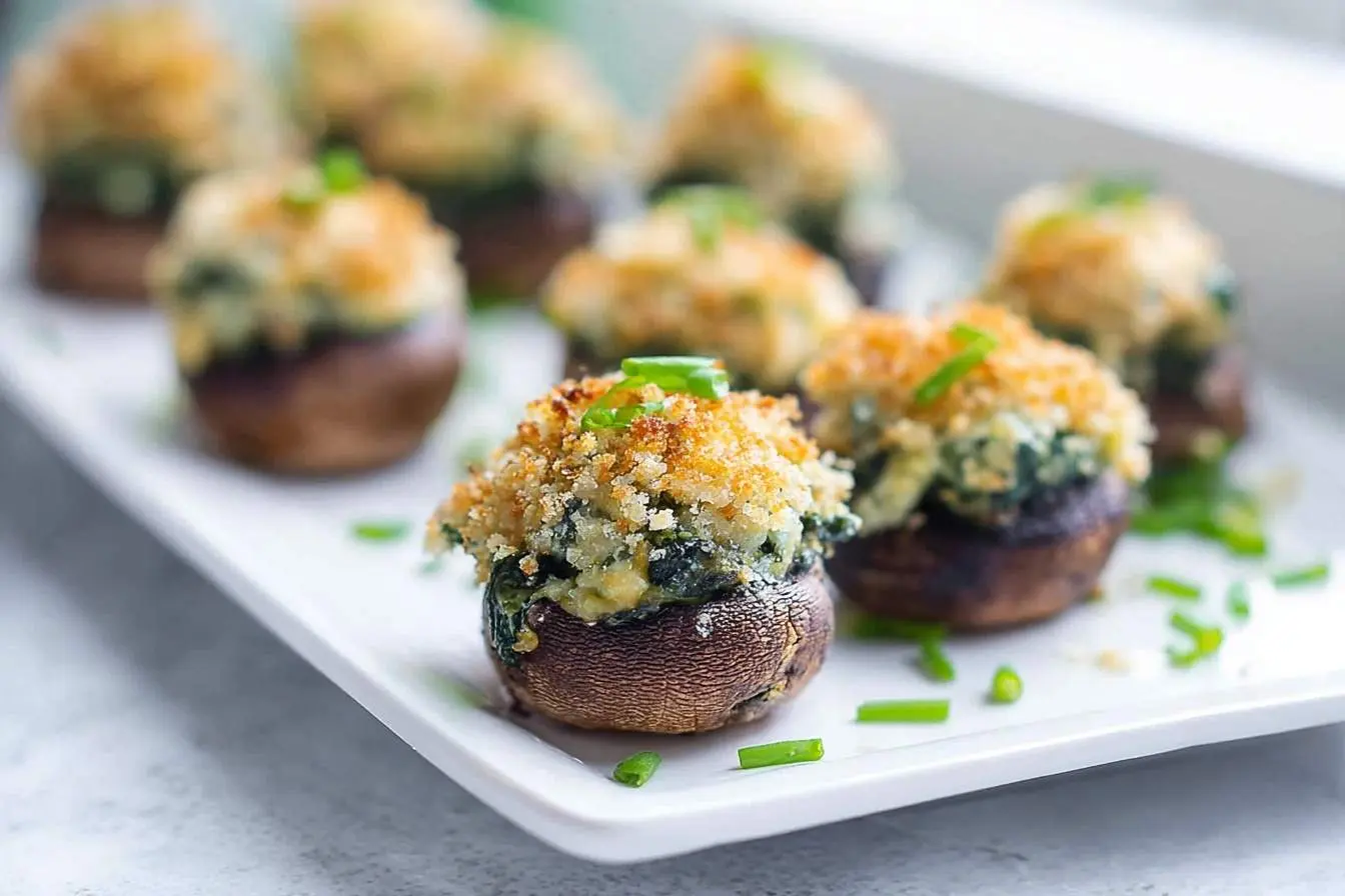 A close-up of delicious spinach artichoke stuffed mushrooms on a white platter, garnished with fresh chives.