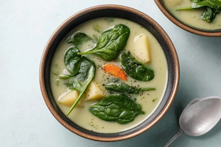 An overhead shot of a rustic brown bowl filled with creamy spinach potato soup, garnished with fresh spinach, diced potatoes, and carrots.