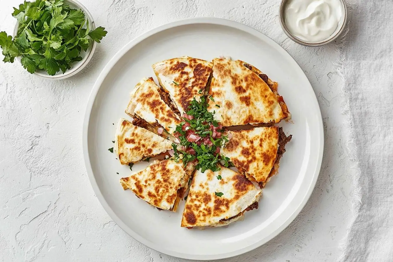 Overhead shot of beautifully browned Steak Quesadillas cut into wedges, garnished with fresh herbs, served with a side of parsley and sour cream.