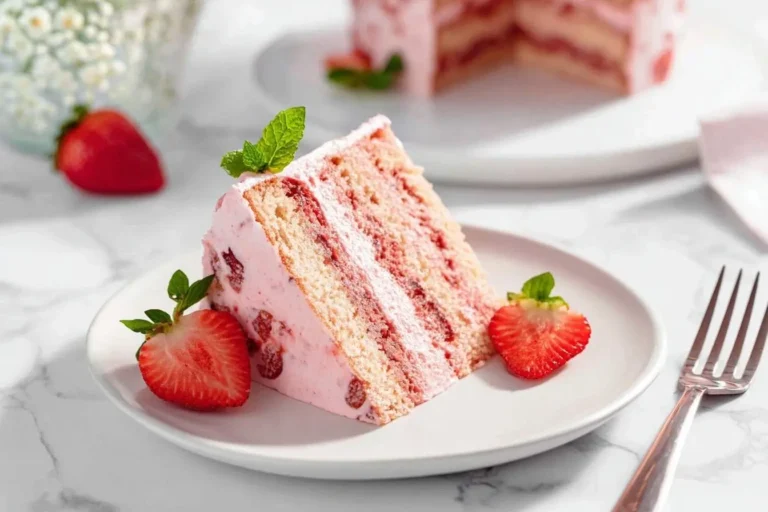A delicious slice of strawberry cake on a white plate, featuring layers of pink frosting, fresh strawberries, and a mint garnish.
