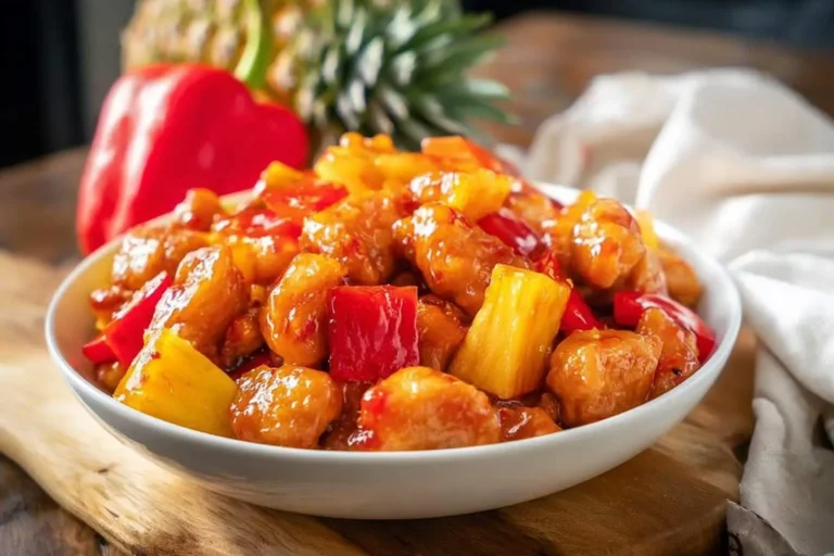 A close-up of a white bowl overflowing with glossy sweet and sour chicken, vibrant red bell peppers, and yellow pineapple chunks.
