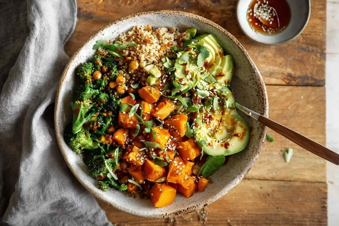 A colorful Sweet Potato Buddha Bowl overflowing with roasted sweet potatoes, broccoli, chickpeas, avocado, quinoa, and sesame seeds.