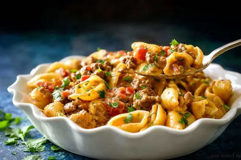 A spoon lifts a creamy serving of ground beef and shell pasta, garnished with fresh herbs, from a white bowl, showcasing a delicious Taco Pasta dish.