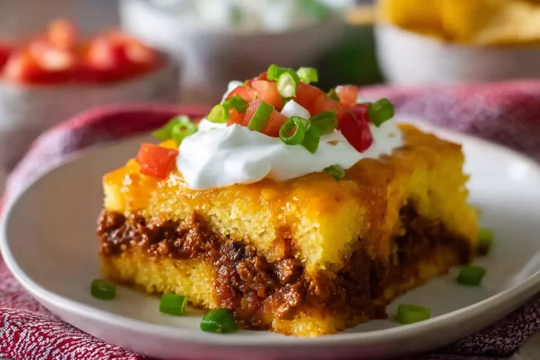 A delectable slice of tamale casserole with a savory meat filling, melted cheese, sour cream, tomatoes, and green onions on a white plate.