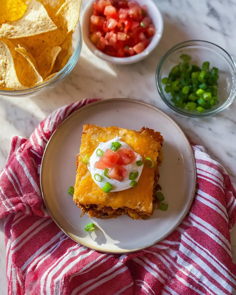 A delicious square of tamale casserole topped with sour cream, diced tomatoes, and green onions, served with chips and toppings.
