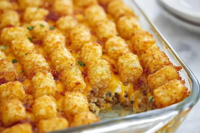 Golden crispy tater tots crown a cheesy, meaty tater tot casserole in a glass baking dish, with a serving removed.