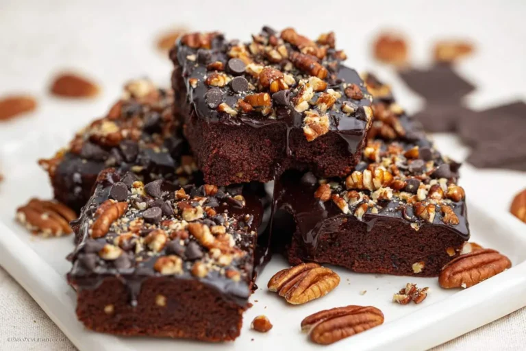 Decadent pieces of Texas turtle sheet cake, generously topped with chocolate glaze, chocolate chips, and chopped pecans, arranged on a white platter.