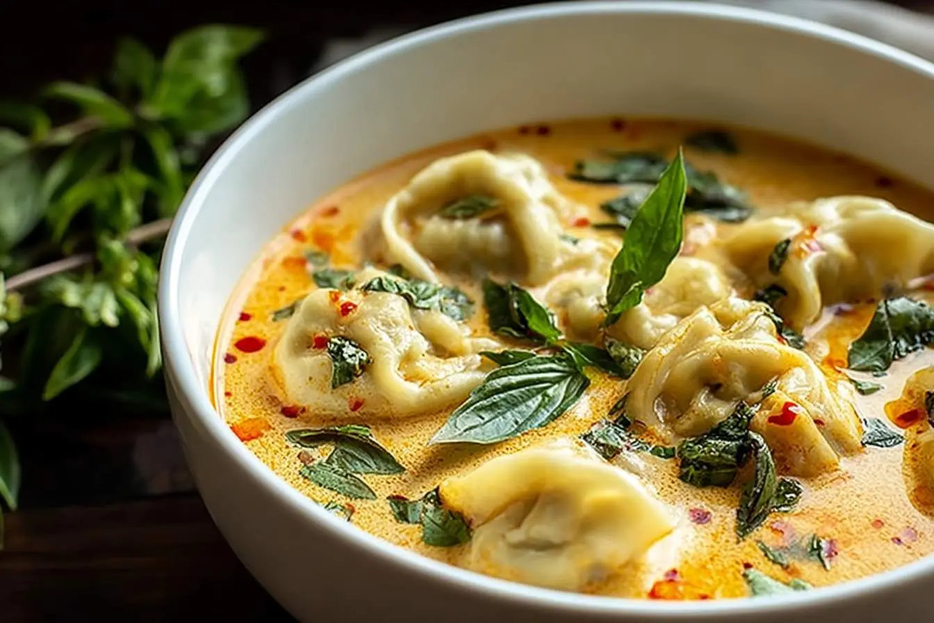 A close-up shot of a vibrant bowl of Thai curry dumpling soup, garnished with fresh basil leaves and red chili flakes.
