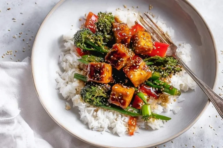 A vibrant Tofu Veggie Stir Fry with broccoli, red bell peppers, and sesame seeds served over white rice in a white bowl with a fork.