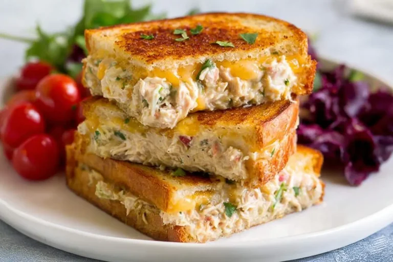 A stack of two golden-brown grilled tuna melt sandwiches with melted cheese and fresh parsley, served with cherry tomatoes and greens.