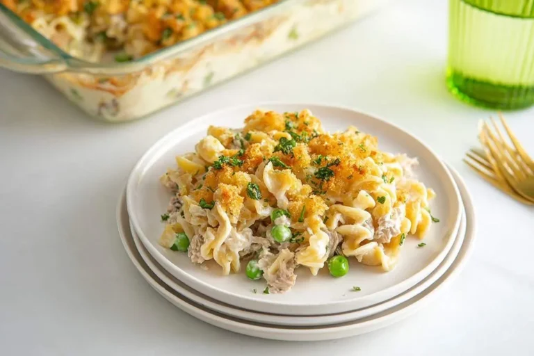 A close-up of a generous serving of creamy Tuna Noodle Casserole on a white plate, topped with golden breadcrumbs and fresh parsley, with a casserole dish in the background.