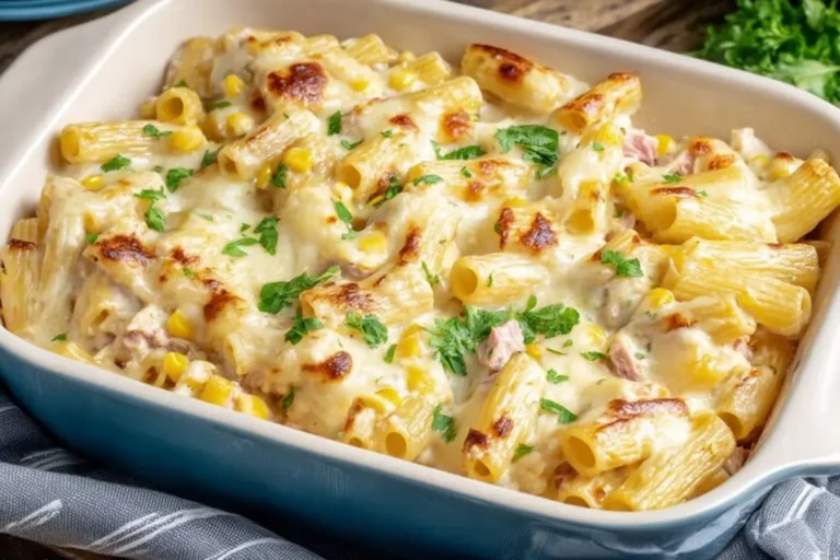A comforting Tuna Pasta Bake in a blue casserole dish, topped with golden melted cheese, sweet corn, and fresh parsley.