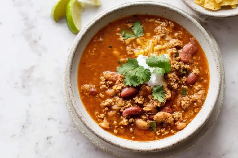 A rustic bowl of savory turkey chili crockpot, topped with shredded cheese, sour cream, and cilantro, served with lime wedges and tortilla chips.