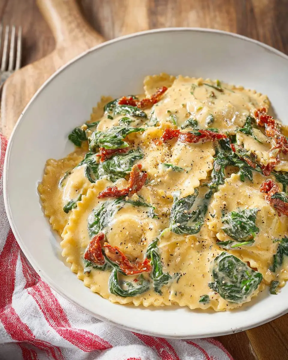 Tuscan Ravioli A close-up shot of creamy Tuscan Ravioli in a white bowl, generously mixed with vibrant spinach and sun-dried tomatoes, and sprinkled with pepper.