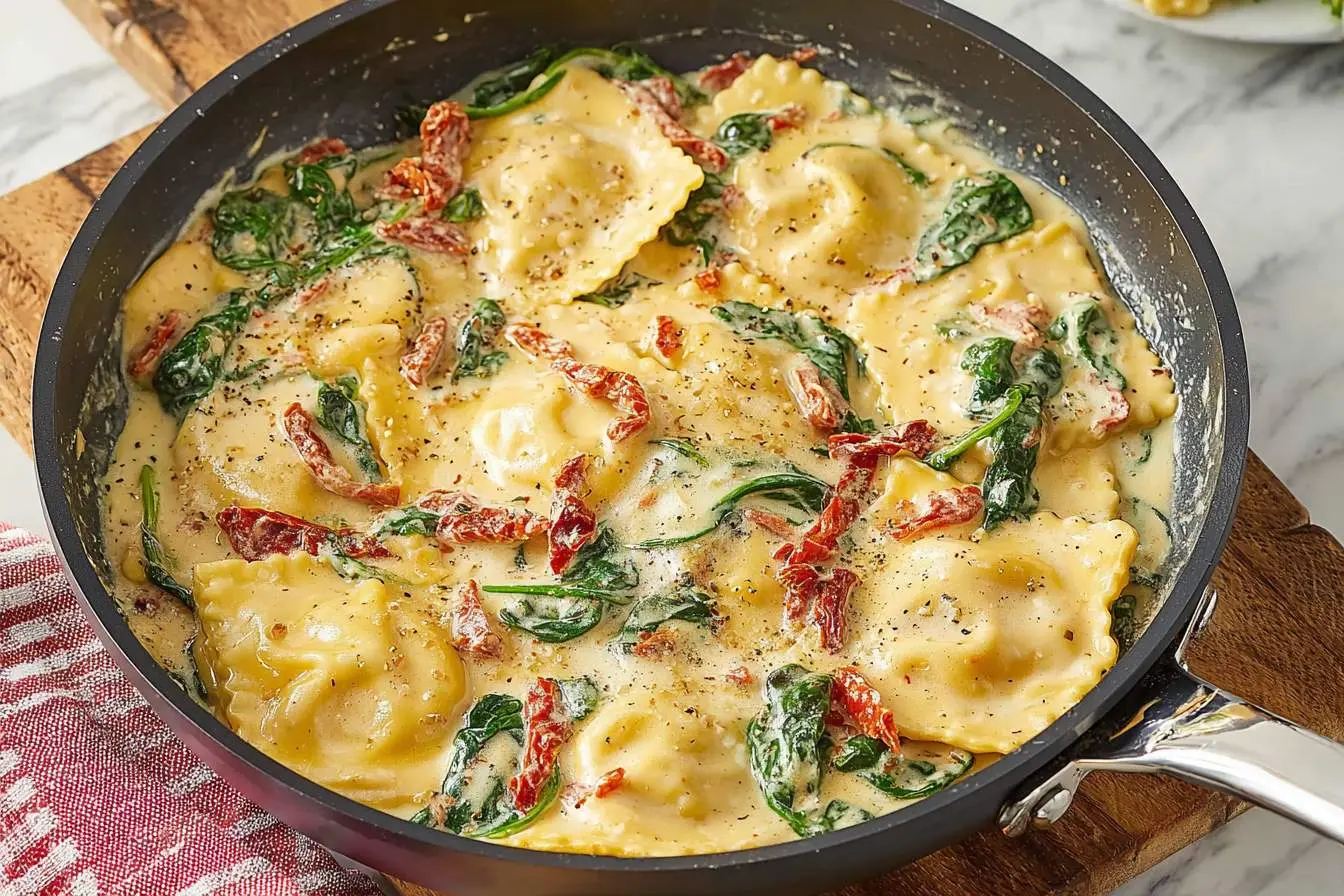A close-up of delicious Tuscan Ravioli in a creamy sauce with vibrant spinach and sun-dried tomatoes, seasoned with black pepper, served in a black pan.