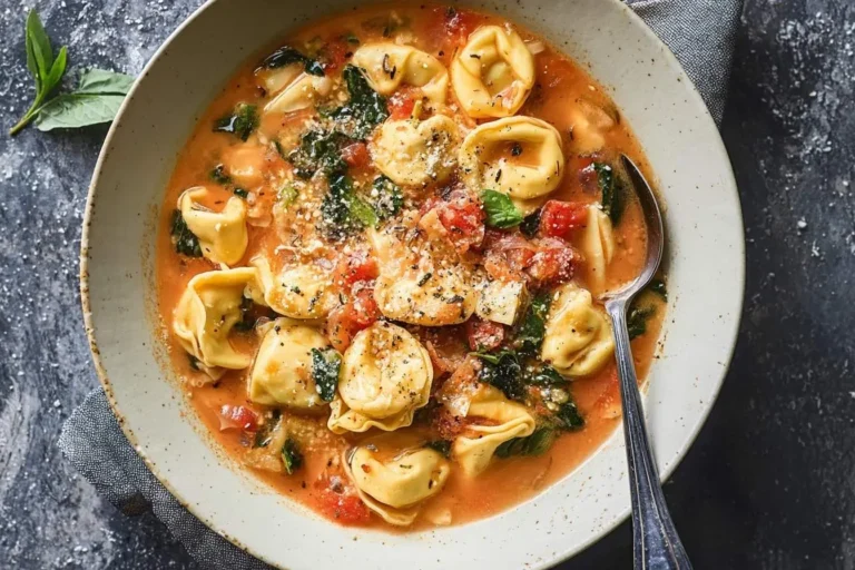 A rustic bowl of creamy tuscan tortellini soup, packed with cheesy tortellini, spinach, and tomatoes, topped with parmesan.