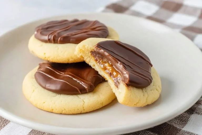 A plate of delicious Twix Cookies, featuring round shortbreads topped with chocolate, one broken to show the gooey caramel filling.
