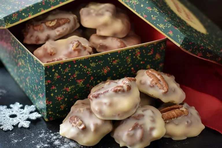 A festive gift box overflowing with delicious white-coated Vanilla Pecan Pralines, with more scattered beside it on a dark surface.
