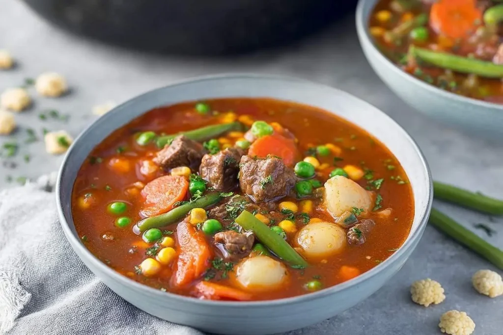 A close-up of a hearty bowl of rich red vegetable beef soup filled with chunks of meat, potatoes, carrots, peas, and green beans.