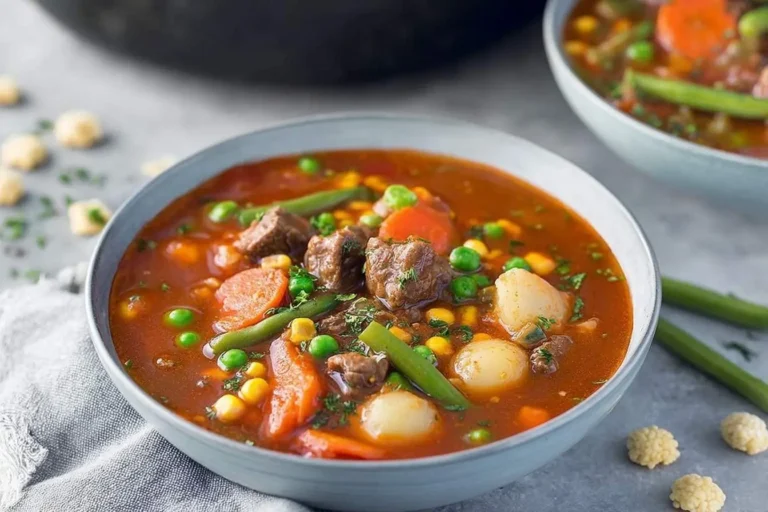 A close-up of a hearty bowl of rich red vegetable beef soup filled with chunks of meat, potatoes, carrots, peas, and green beans.