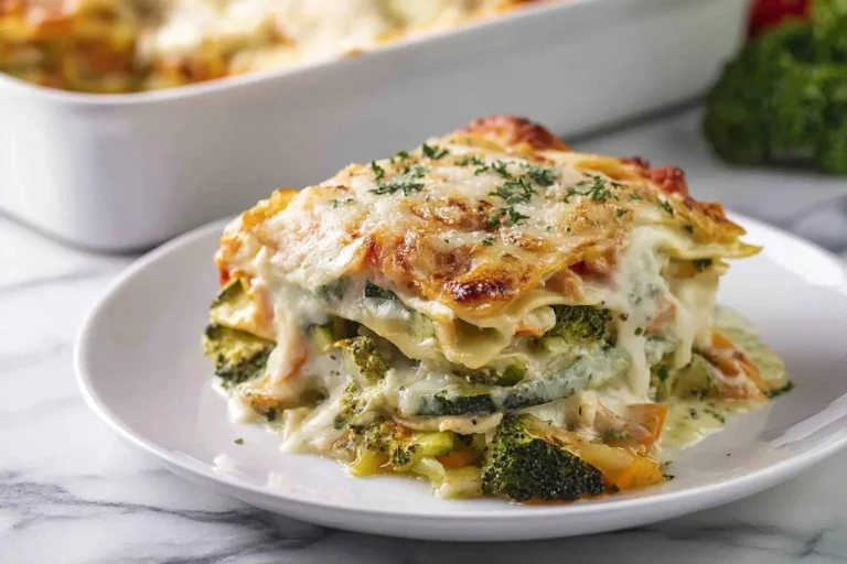 A close-up shot of a steaming slice of homemade Veggie Lasagna on a white plate, showcasing layers of pasta, cheese, broccoli, and zucchini.