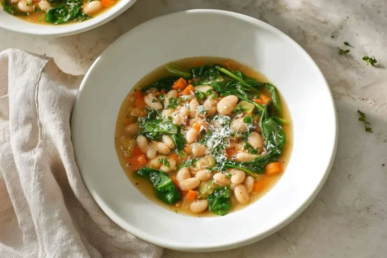 A white bowl of hearty white bean soup with spinach, diced carrots, and fresh herbs, topped with grated cheese, on a light-colored surface.