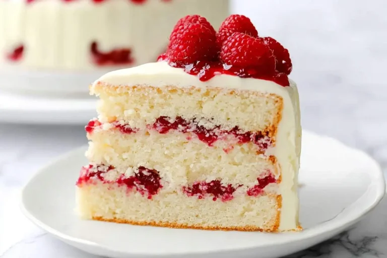 A delicious slice of white chocolate raspberry cake with three layers of white cake, raspberry filling, and white frosting, topped with fresh raspberries.