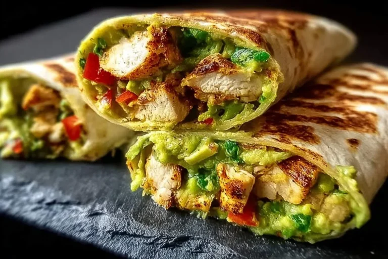 Close-up of two delicious Zesty Avocado Chicken Wraps, cut in half to reveal grilled chicken, creamy avocado, and red bell peppers, resting on a dark slate.