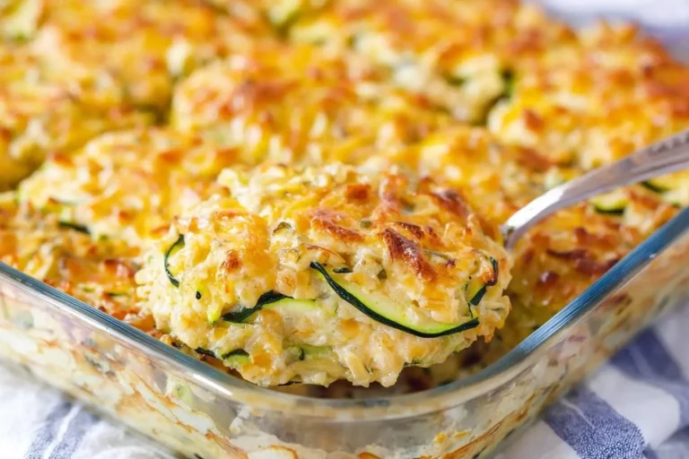 A golden-brown Zucchini Casserole baked in a glass dish, with a serving being lifted by a silver spoon, highlighting the cheesy top and green zucchini slices.