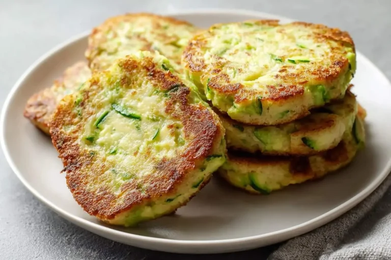 Golden zucchini fritters piled on a white plate, offering a quick and healthy bread-like option, similar in ease to 3 Ingredient Avocado Bread.
