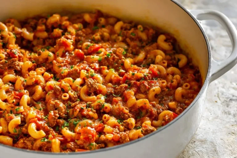 A white Dutch oven filled with savory American Goulash, featuring elbow macaroni, ground beef, and a rich tomato sauce.