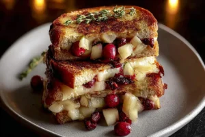 A stacked Apple and Cranberry Grilled Cheese sandwich cut in half, revealing gooey cheese, fruit, and garnished with thyme.