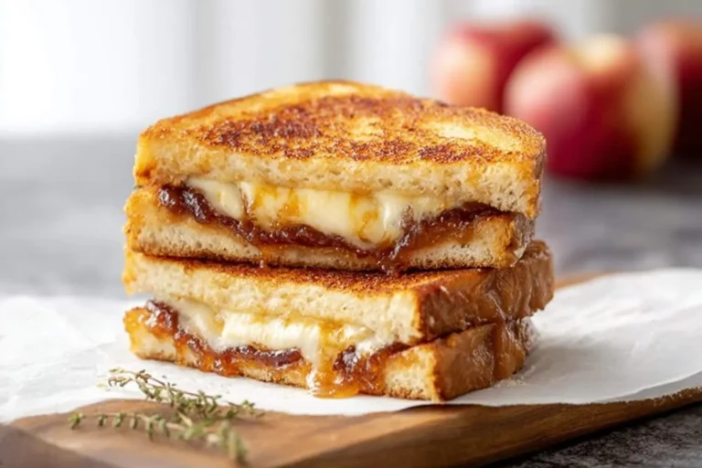 A golden-brown Apple Butter Grilled Cheese, cut in half and stacked to show gooey melted cheese and a sweet spread inside.