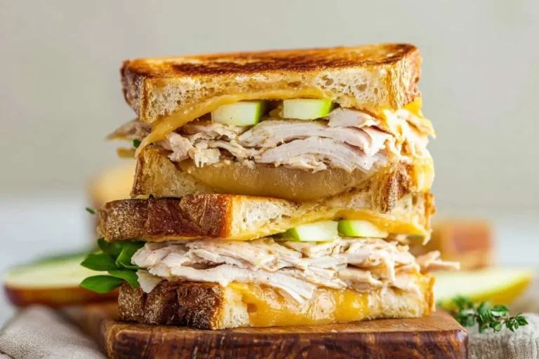A towering Apple Cheddar Turkey Panini, perfectly grilled, revealing layers of shredded turkey, melted cheddar, and crisp green apple slices.
