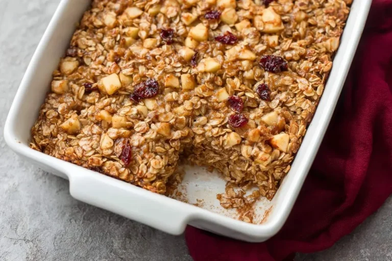 A close-up of a homemade apple oatmeal bake with cranberries in a white dish, with one serving already taken out.