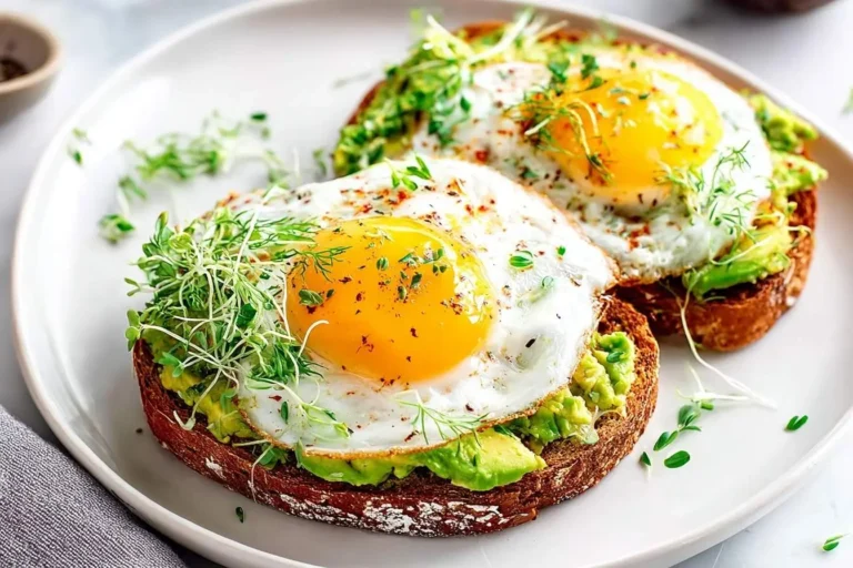 Two slices of wholesome avocado toast with egg, garnished with vibrant microgreens and herbs, are presented on a white plate.