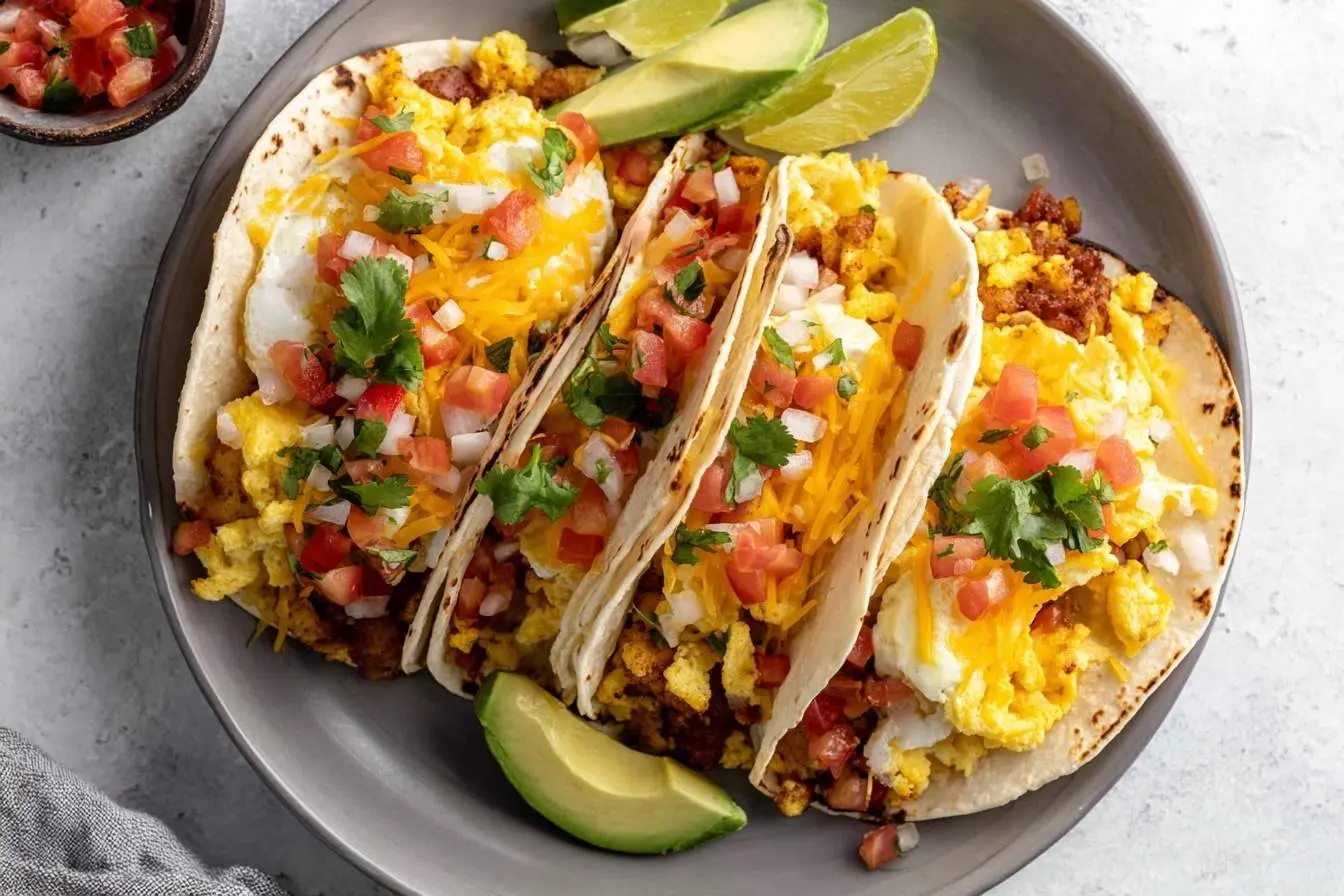 A grey plate holds delicious Baked Breakfast Tacos filled with eggs, cheese, and pico de gallo, with avocado and lime on the side.