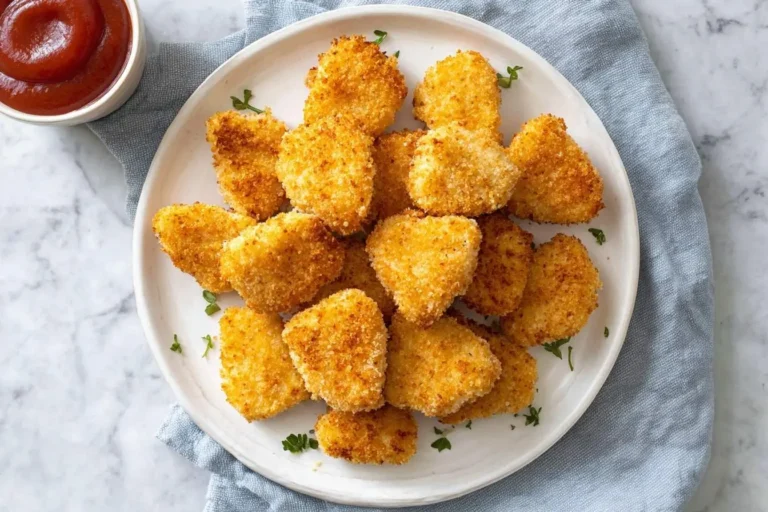 A white plate piled high with golden-brown baked chicken nuggets, garnished with fresh parsley, alongside a bowl of ketchup.