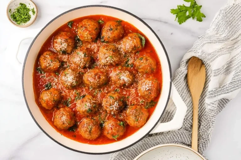A white skillet of Baked Italian Meatballs simmering in a rich tomato sauce, garnished with fresh parsley and parmesan cheese.